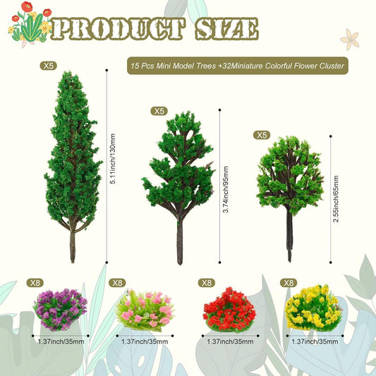 47 Pcs Miniature Trees & Flowers Kit - 15 Trees + 32 Clusters