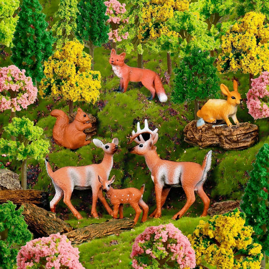 Warmtree 68Pcs Model Trees & Forest Animals, HO Scale 1.1-4", for Diorama & Railway Sand Table