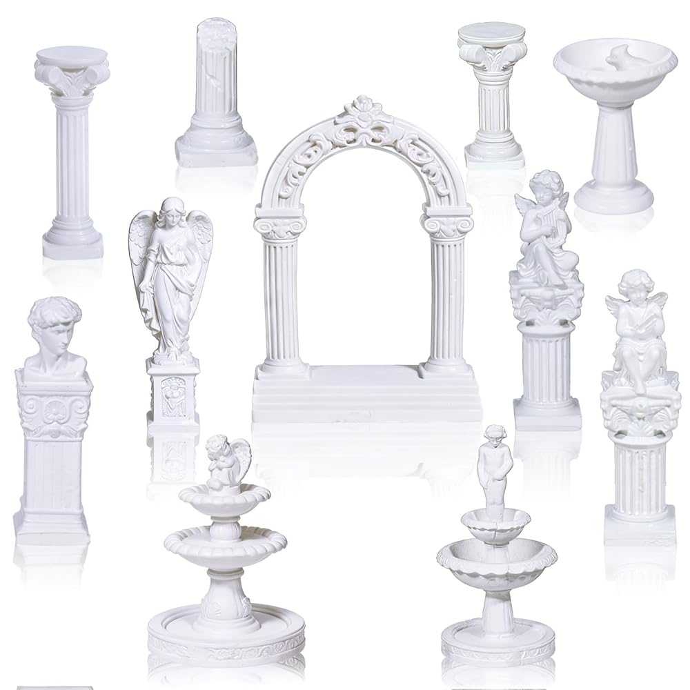 11 Pcs White Resin Greek Statues & Fountain Set for Diorama