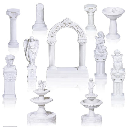 11 Pcs White Resin Greek Statues & Fountain Set for Diorama