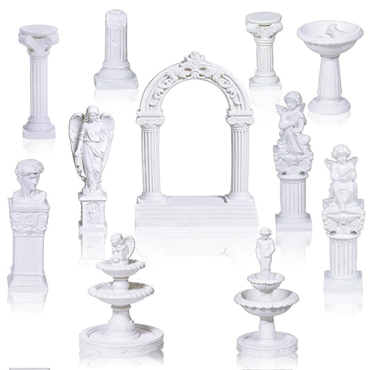 11 Pcs White Resin Greek Statues & Fountain Set for Diorama