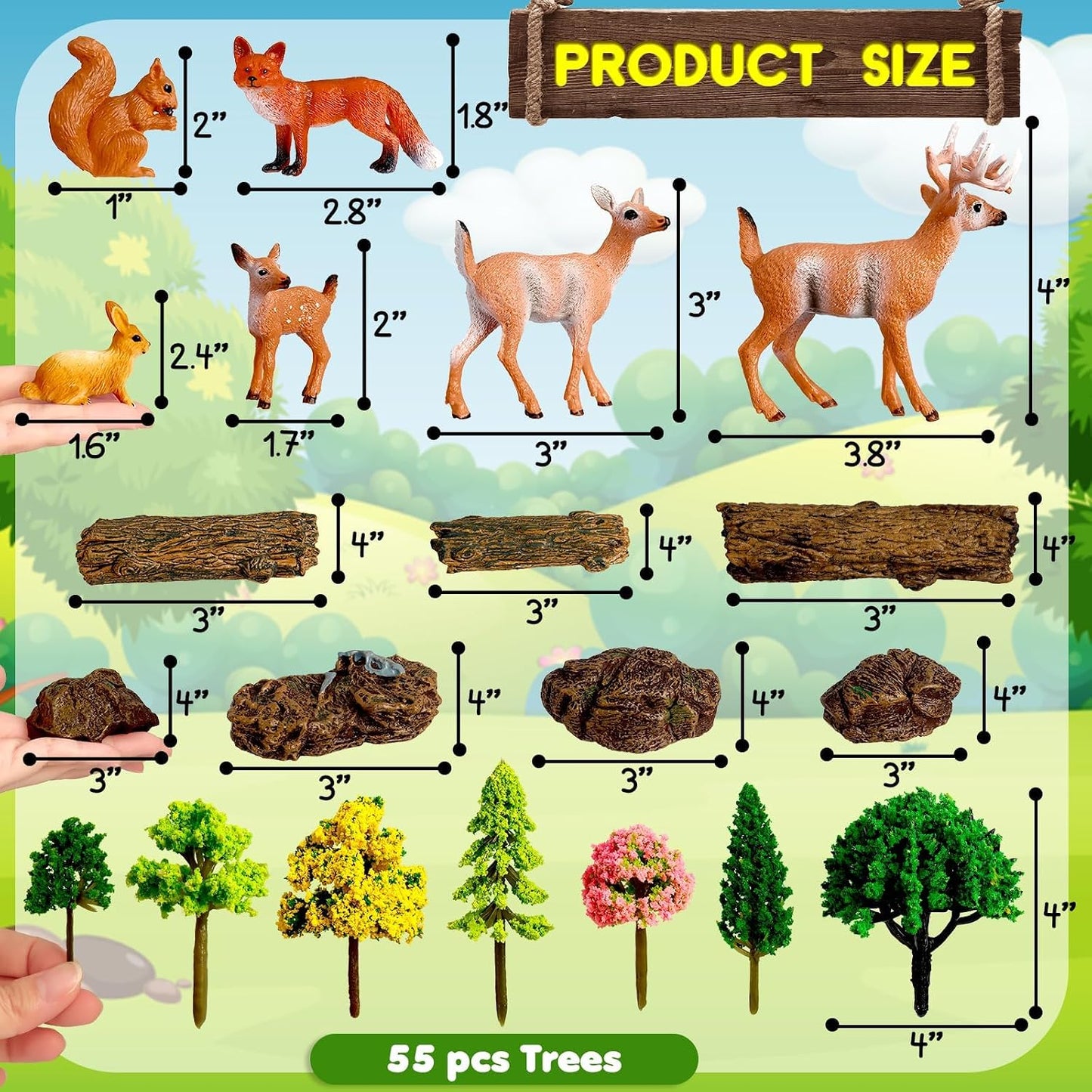 68 Pcs Trees & Forest Animals Set, HO Scale 1.1-4"