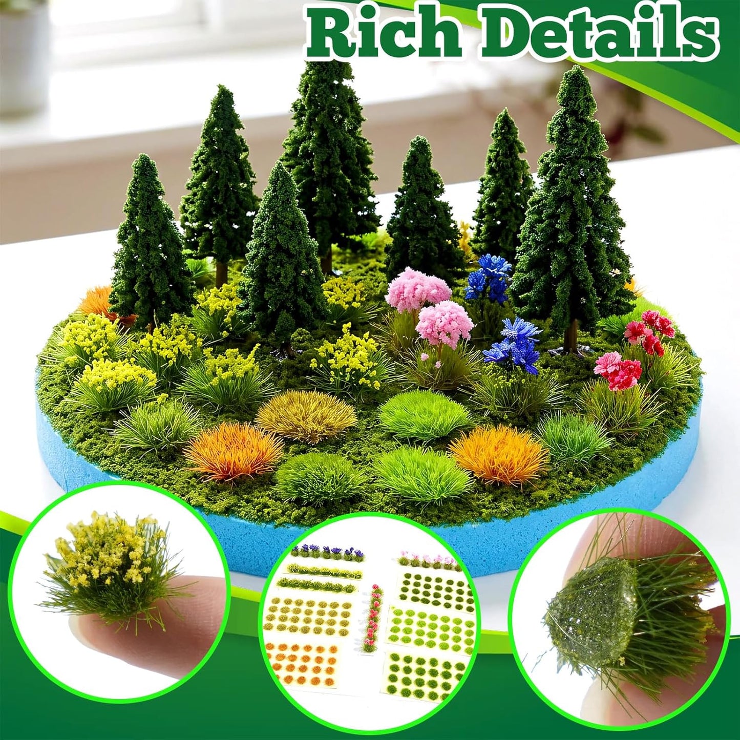 175PCS Static Grass Tufts with Colorful Flower Clusters