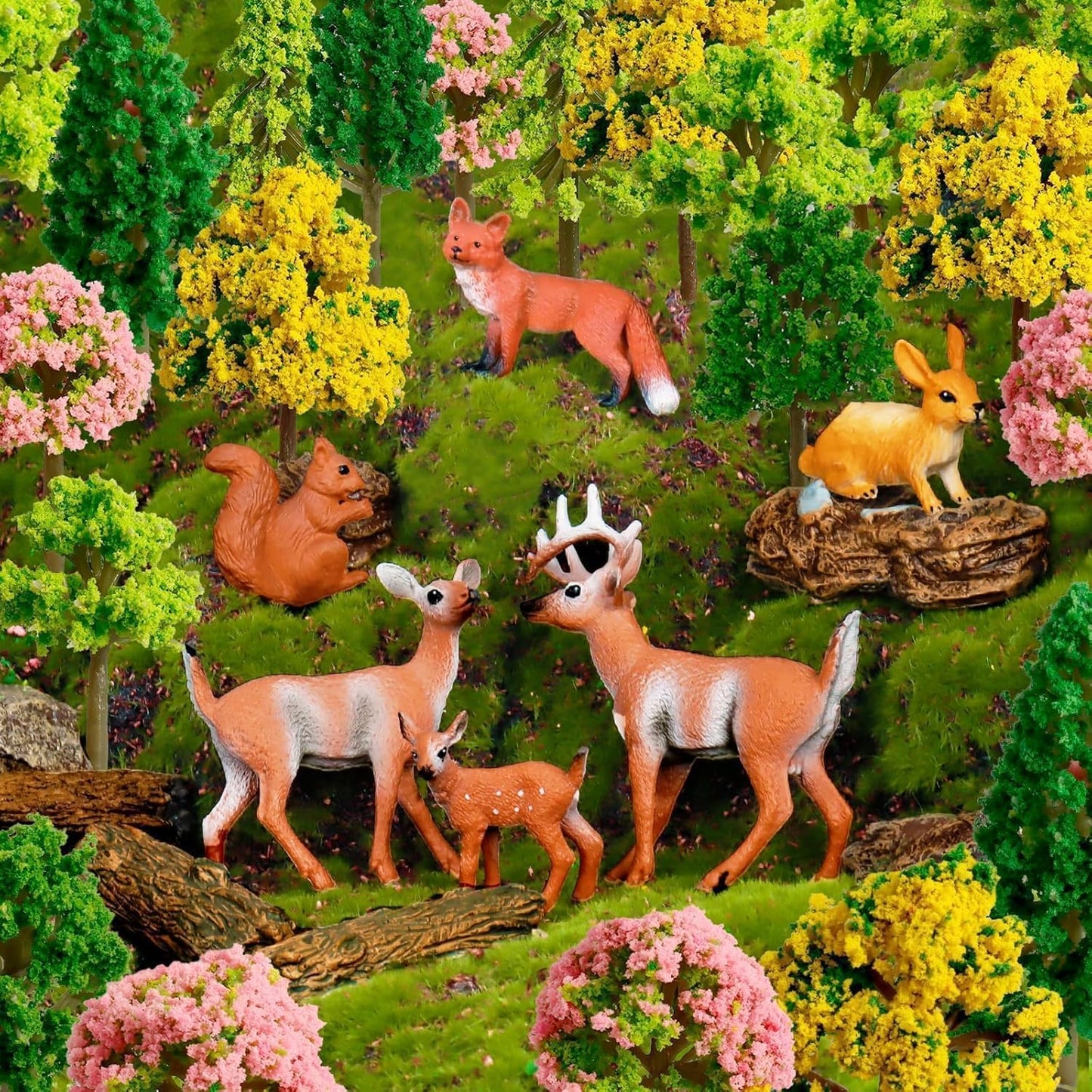 Warmtree 68Pcs Model Trees & Forest Animals, HO Scale 1.1-4", for Diorama & Railway Sand Table