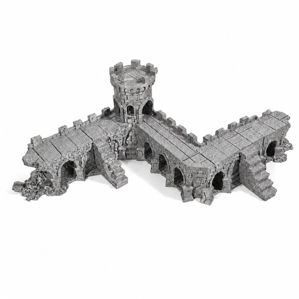 Gray miniature stone bridge terrain with arched walls, stairs and a round tower