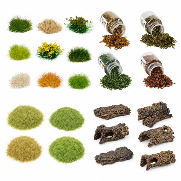 Four-piece woodland basing kit with grass tufts, static grass, scatter leaves, and resin tree stumps